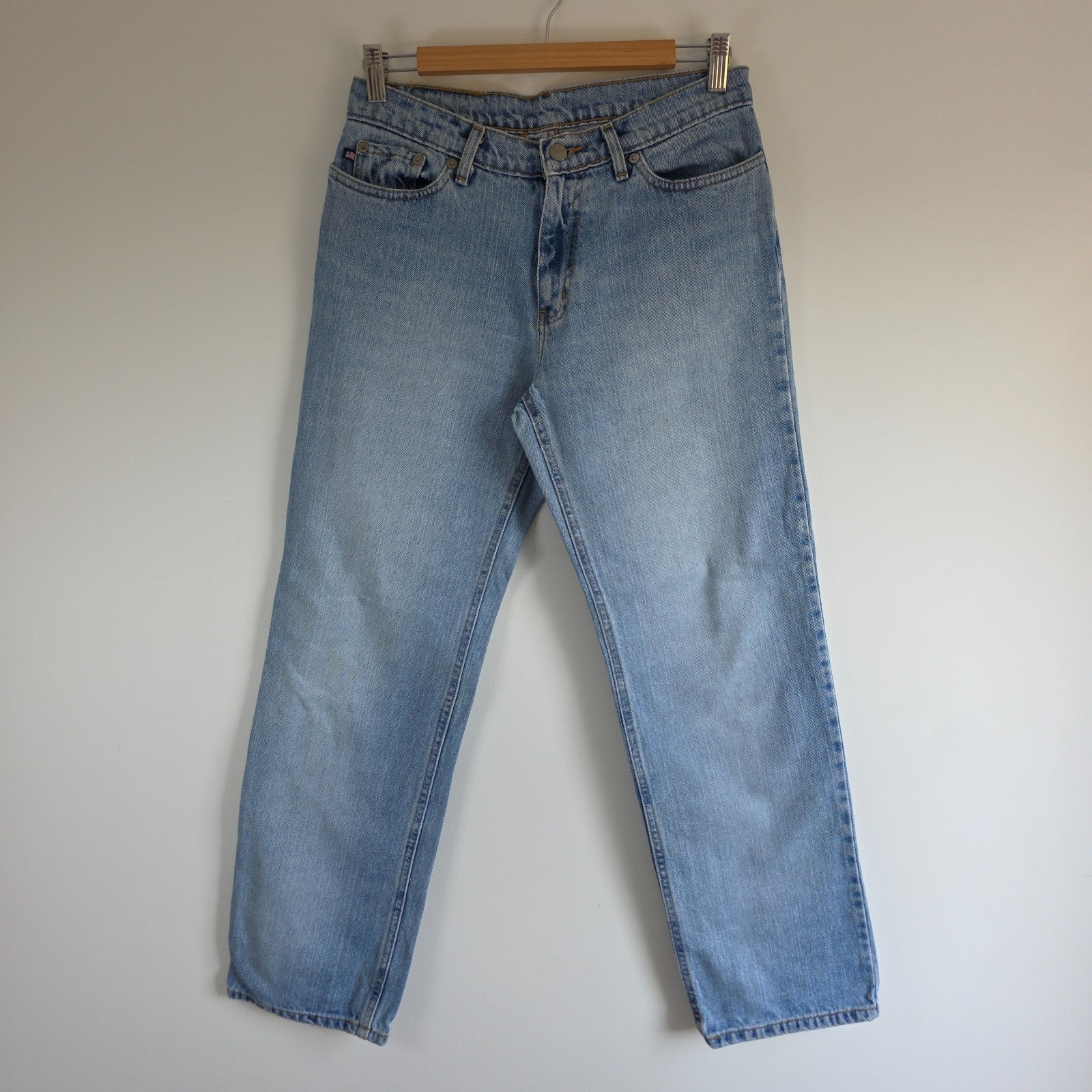 Ralph Lauren blue straight jeans 100% cotton with vintage Polo logo and light fading.