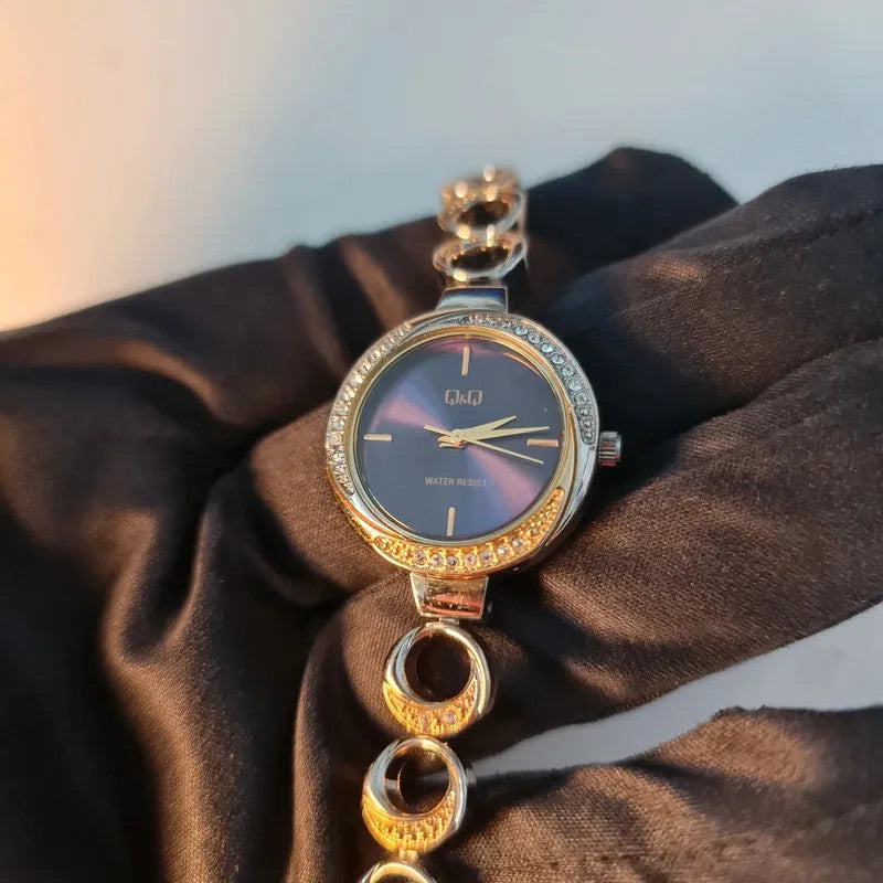 Q&amp;Q Ladies Watch Purple Dial Diamante Bracelet Two Tone Dress Watch