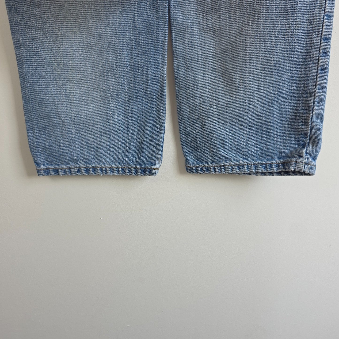 Ralph Lauren blue straight jeans 100% cotton with vintage Polo logo and light fading.