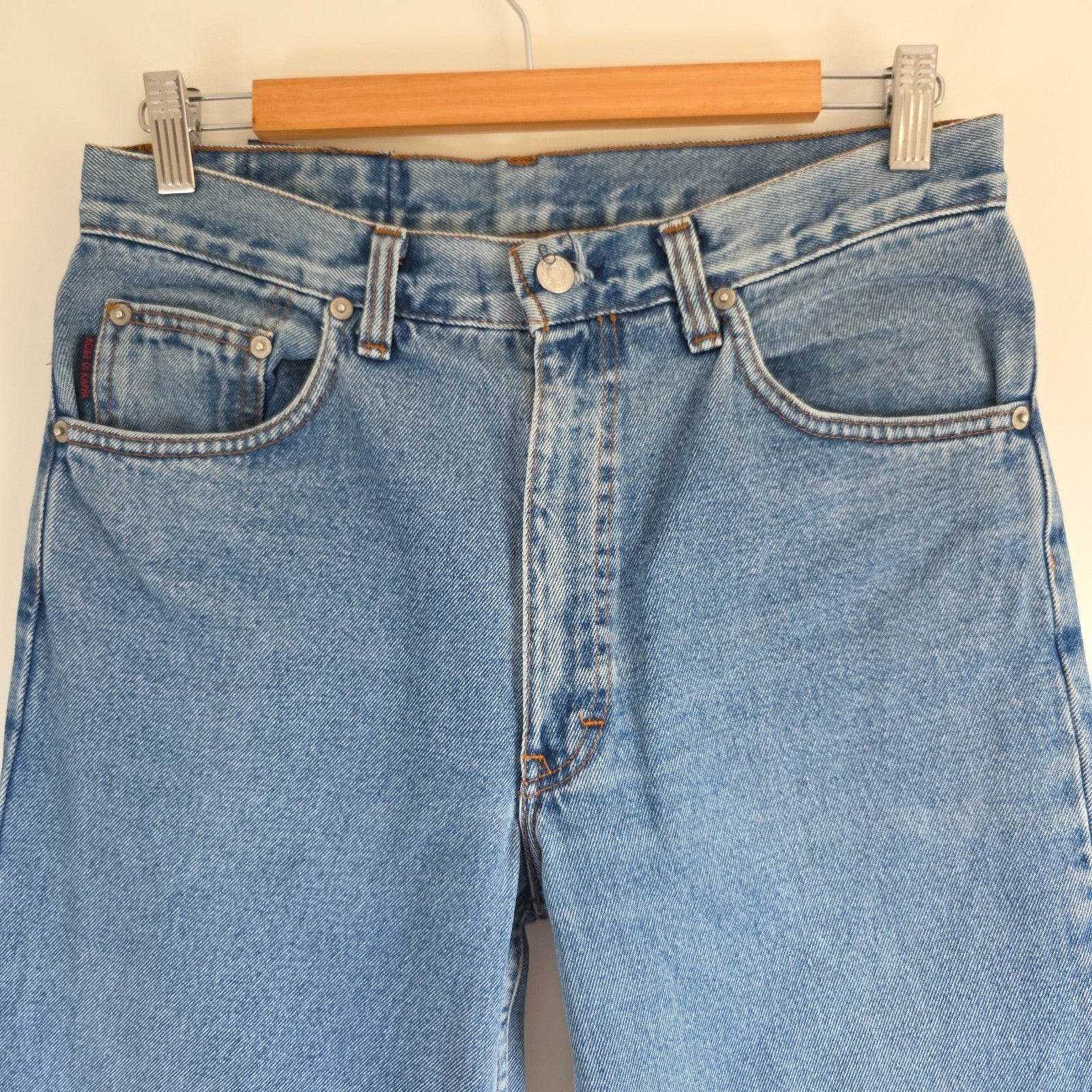 Robe Di Kappa blue straight jeans with vintage wash and subtle logo detail.