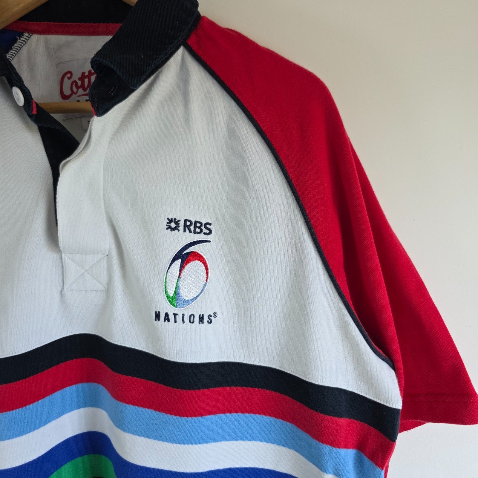 Cotton Traders multicolour rugby polo shirt featuring RBS 6 Nations logo and 100% cotton material.