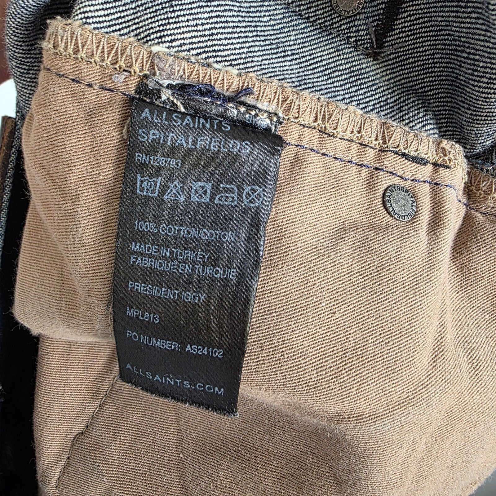 AllSaints blue straight jeans dark wash denim with subtle fading and slim fit.