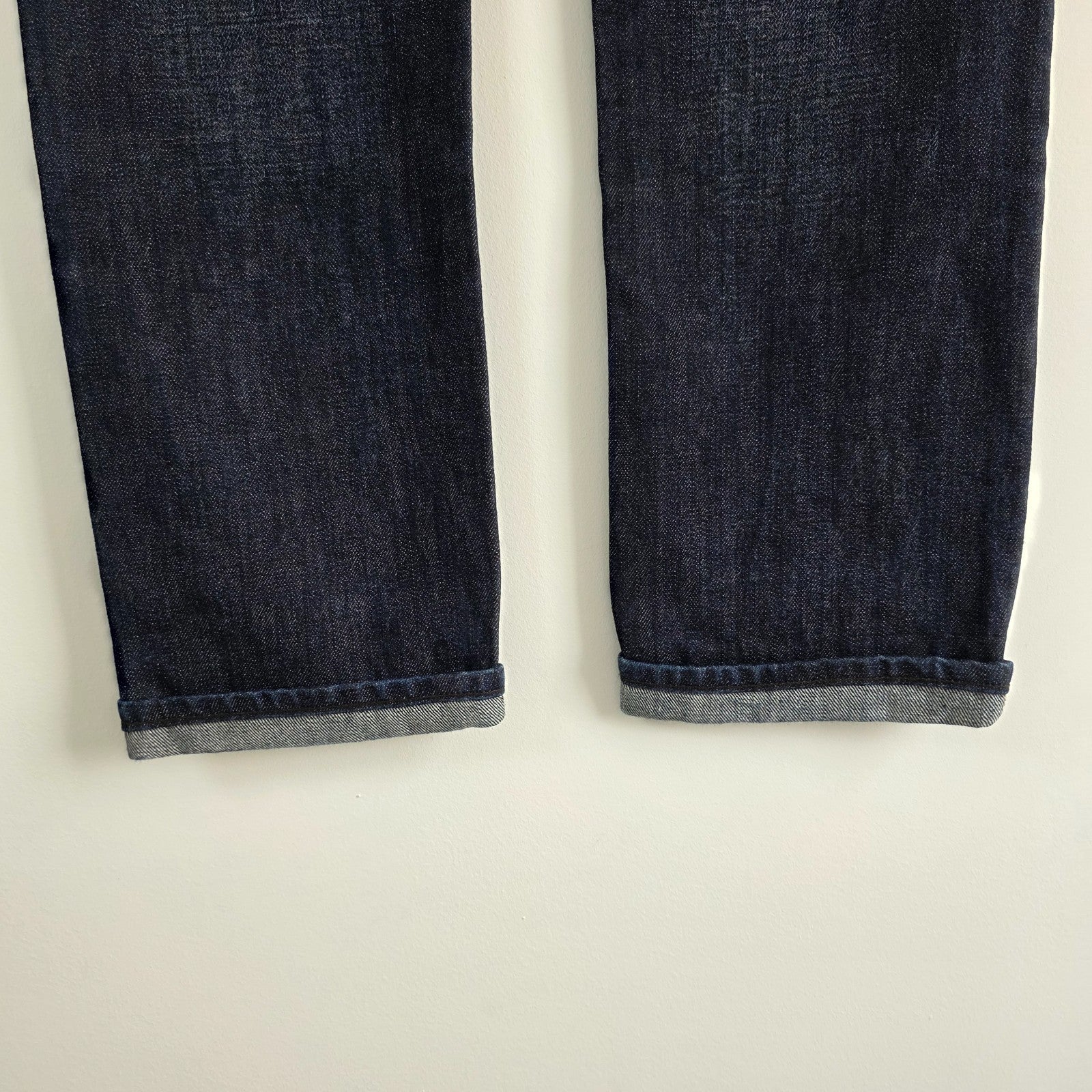 AllSaints blue straight jeans dark wash denim with subtle fading and slim fit.