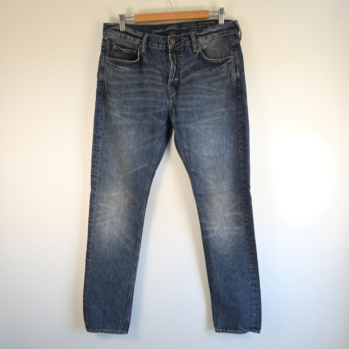 AllSaints blue straight jeans faded wash five-pocket styling 100% cotton