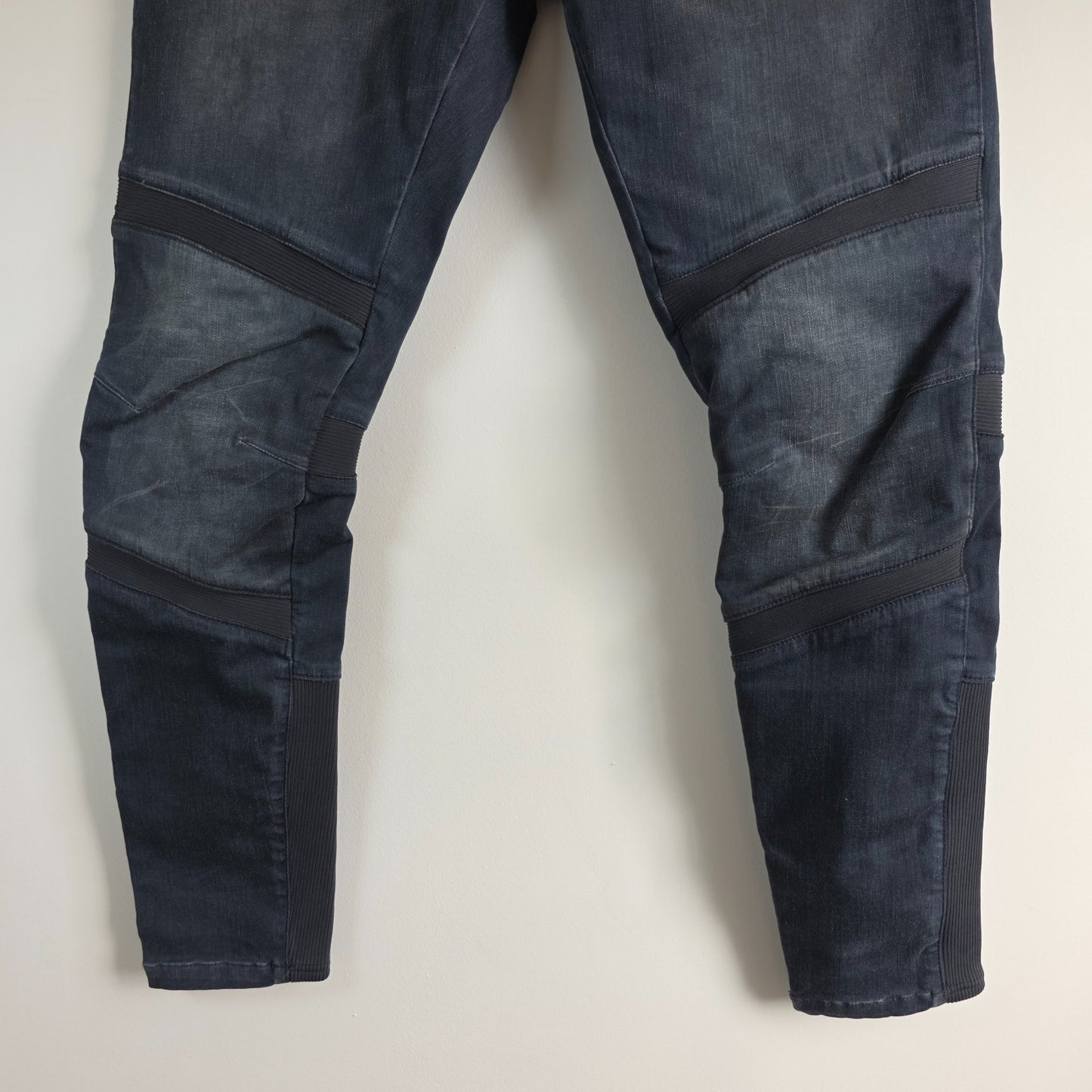 G-Star blue stretch denim slim jeans with biker detailing and logo patch.