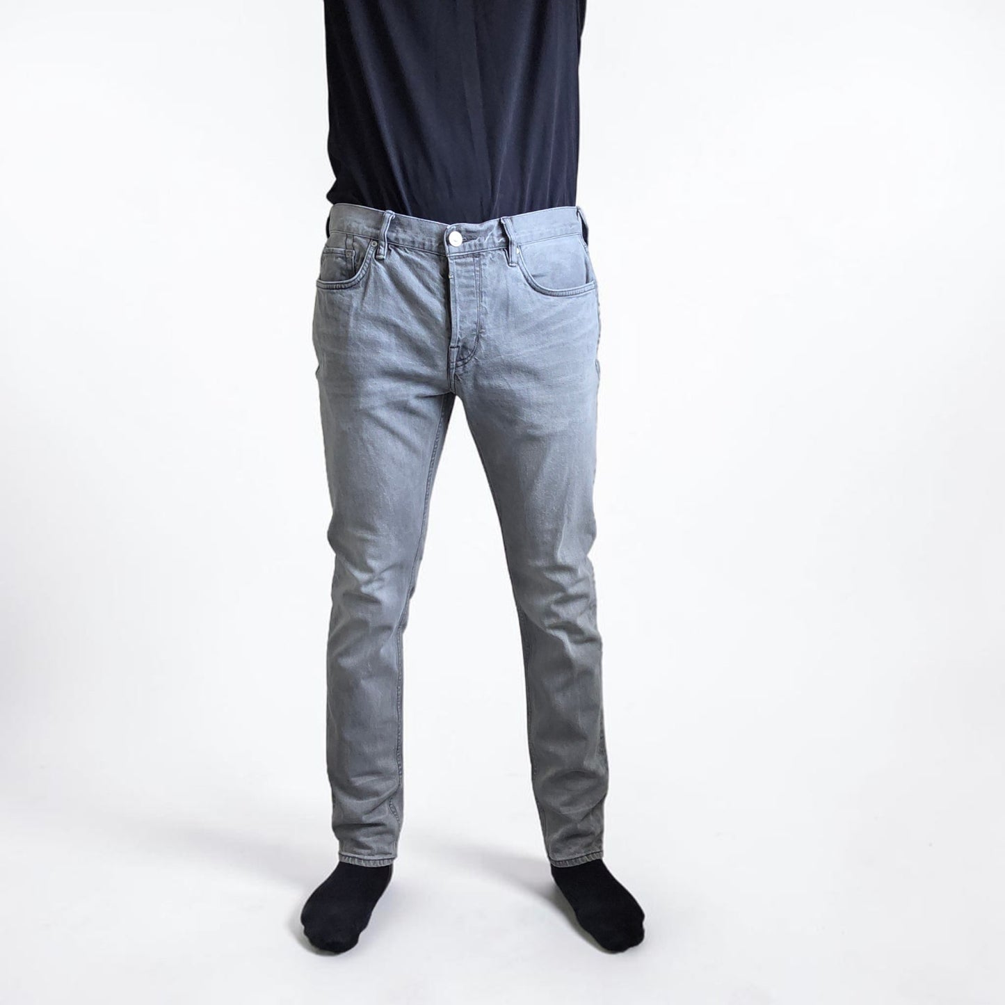 AllSaints grey slim jeans with button fly and stretch cotton elastane blend.