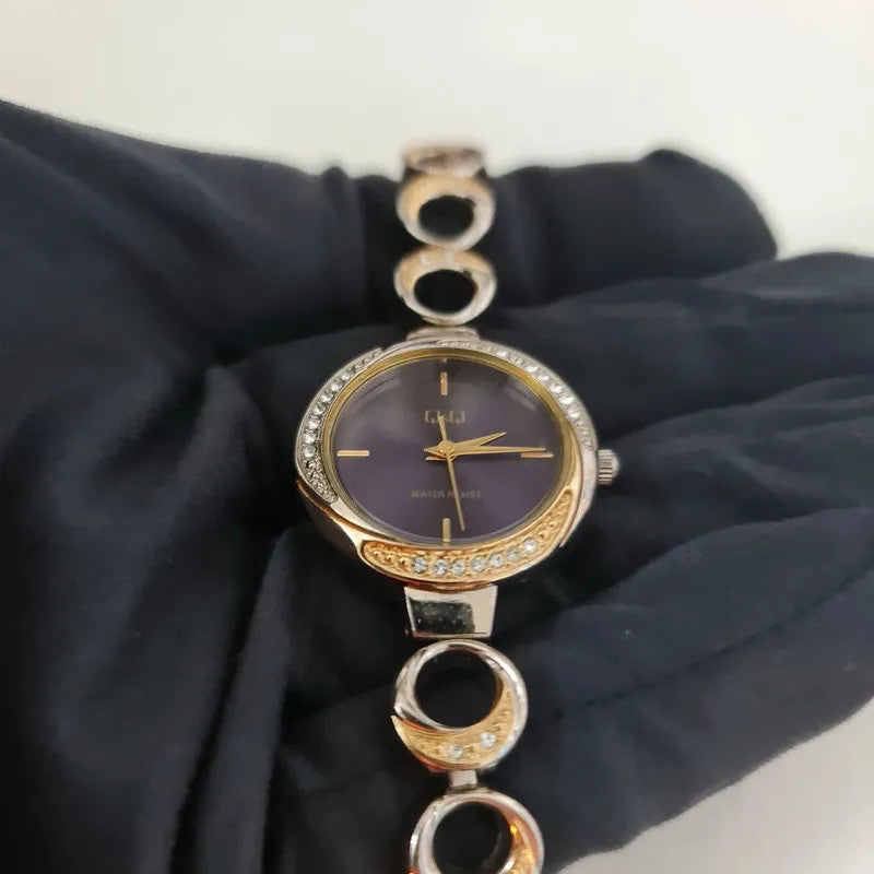 Q&amp;Q Ladies Watch Purple Dial Diamante Bracelet Two Tone Dress Watch