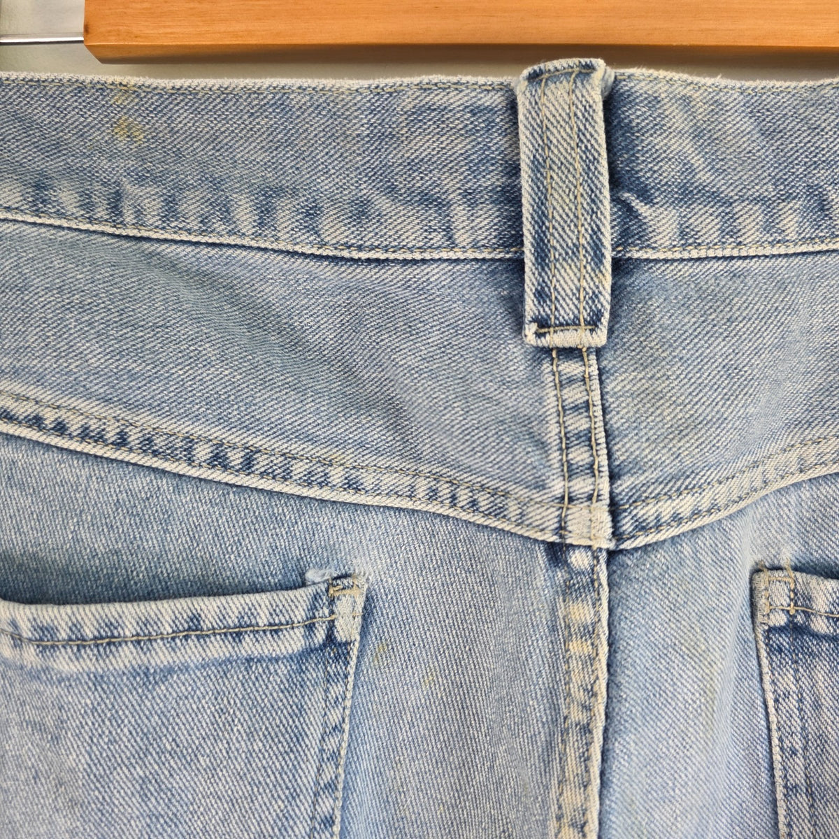Old Navy blue carpenter jeans with hammer loop and utility pockets, 100% cotton.