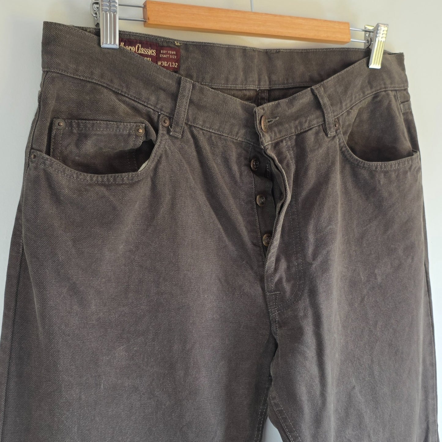 Marlboro Classics grey straight jeans with button fly and vintage logo detail.