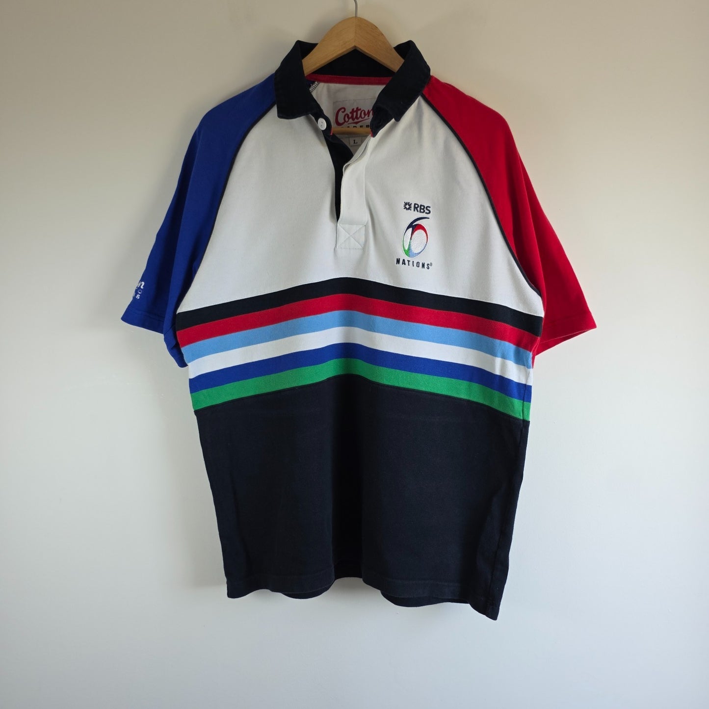 Cotton Traders multicolour rugby polo shirt featuring RBS 6 Nations logo and 100% cotton material.