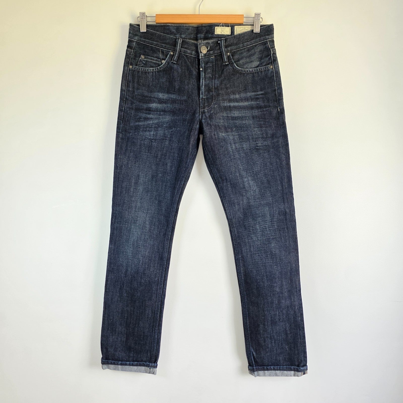 AllSaints blue straight jeans dark wash denim with subtle fading and slim fit.