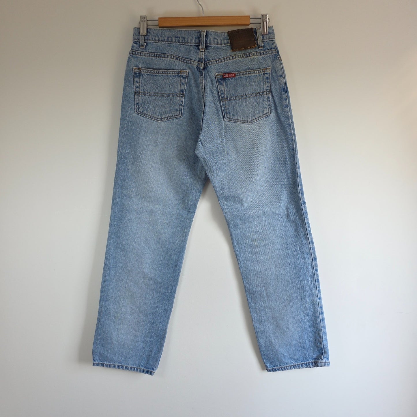 Ralph Lauren blue straight jeans 100% cotton with vintage Polo logo and light fading.