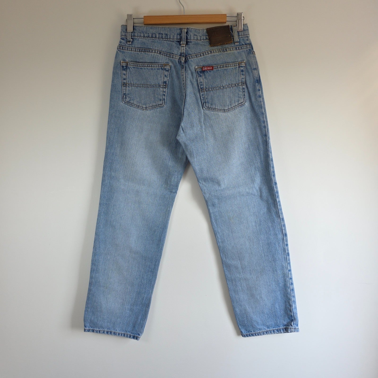 Ralph Lauren blue straight jeans 100% cotton with vintage Polo logo and light fading.