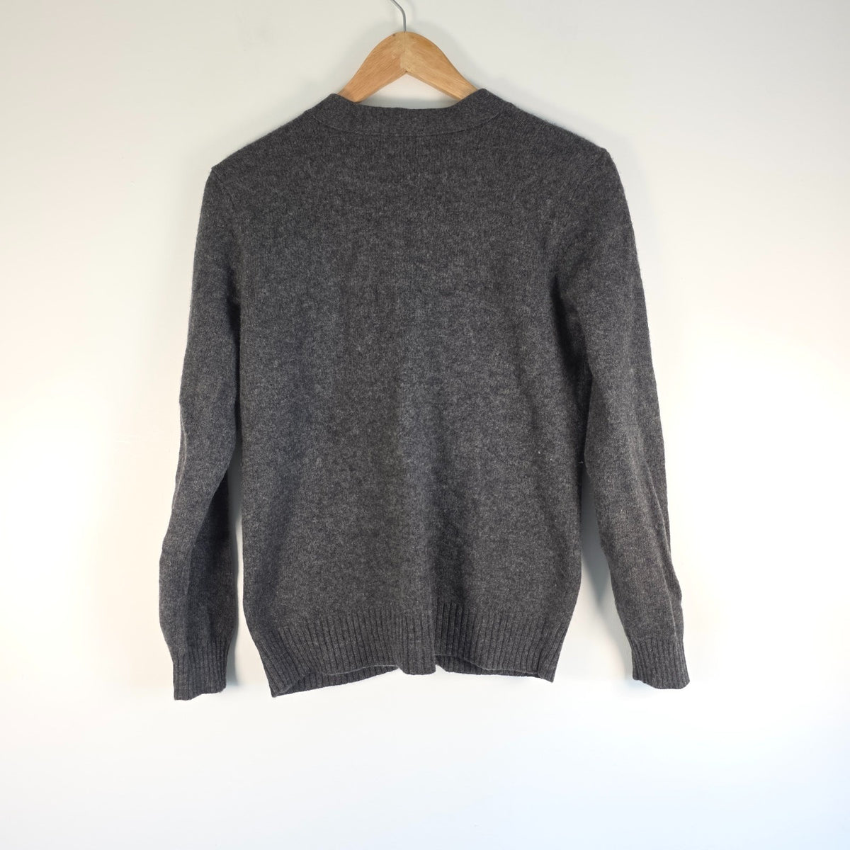 Polo Ralph Lauren grey cardigan 100% lambswool V-neck with purple embroidered pony logo.
