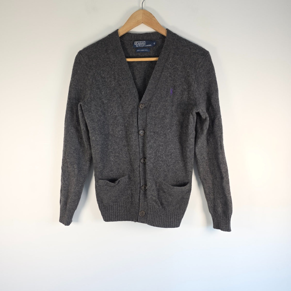 Polo Ralph Lauren grey cardigan 100% lambswool V-neck with purple embroidered pony logo.