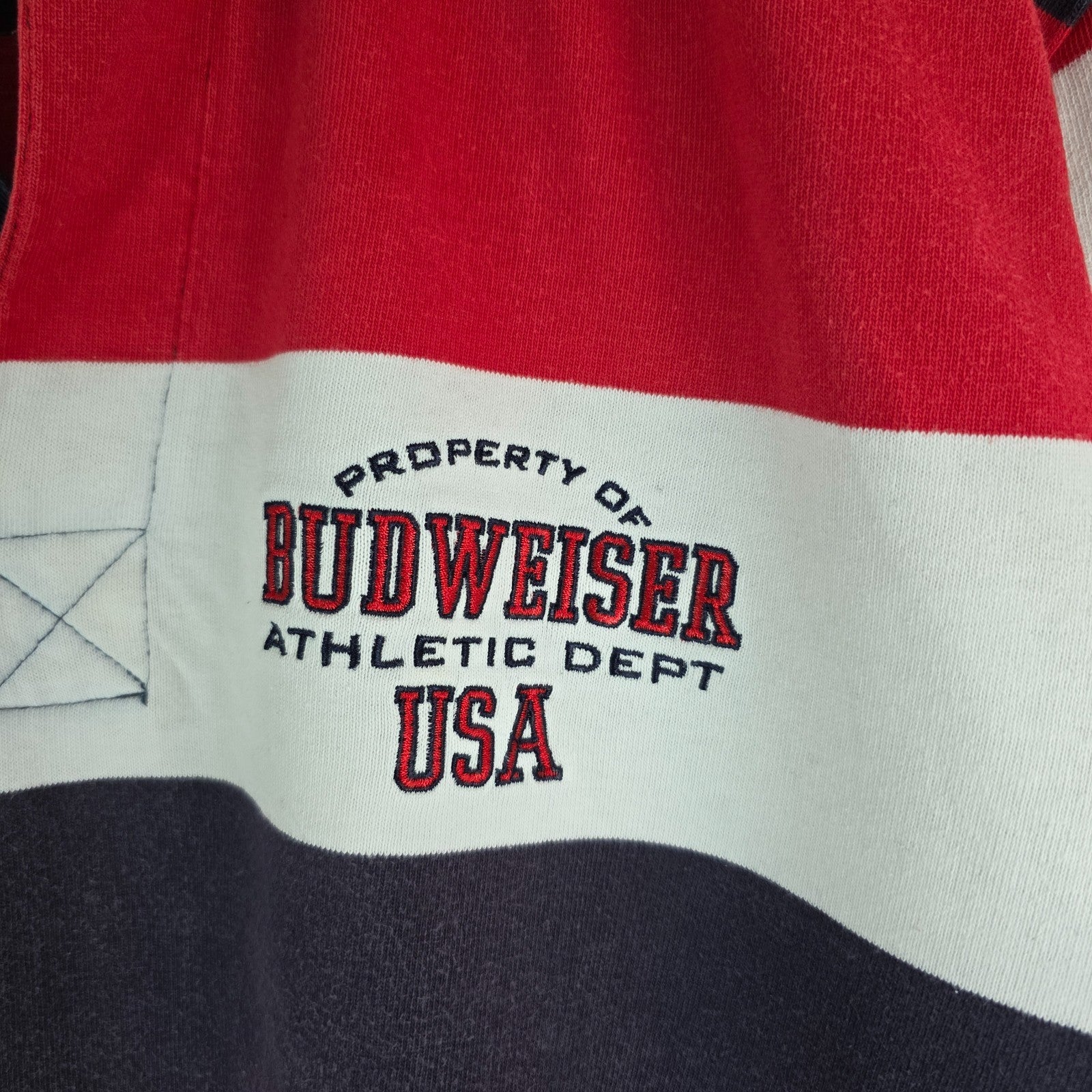Budweiser blue striped rugby shirt with logo, 100% cotton, vintage style.