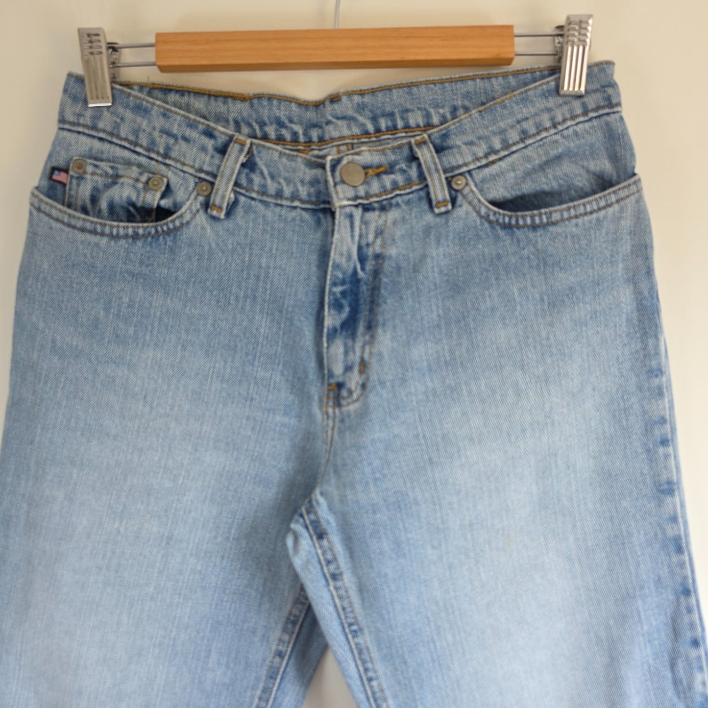 Ralph Lauren blue straight jeans 100% cotton with vintage Polo logo and light fading.