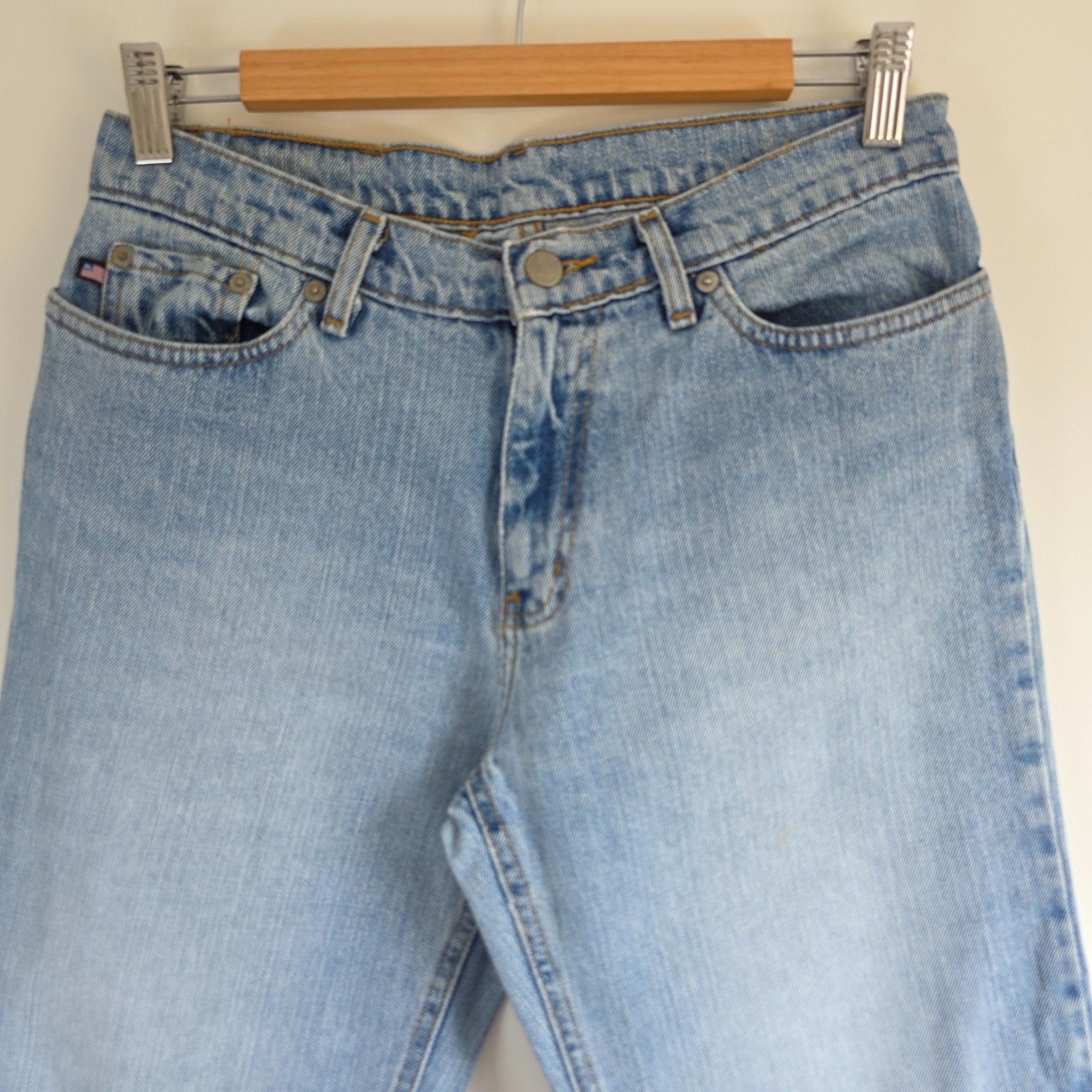 Ralph Lauren blue straight jeans 100% cotton with vintage Polo logo and light fading.