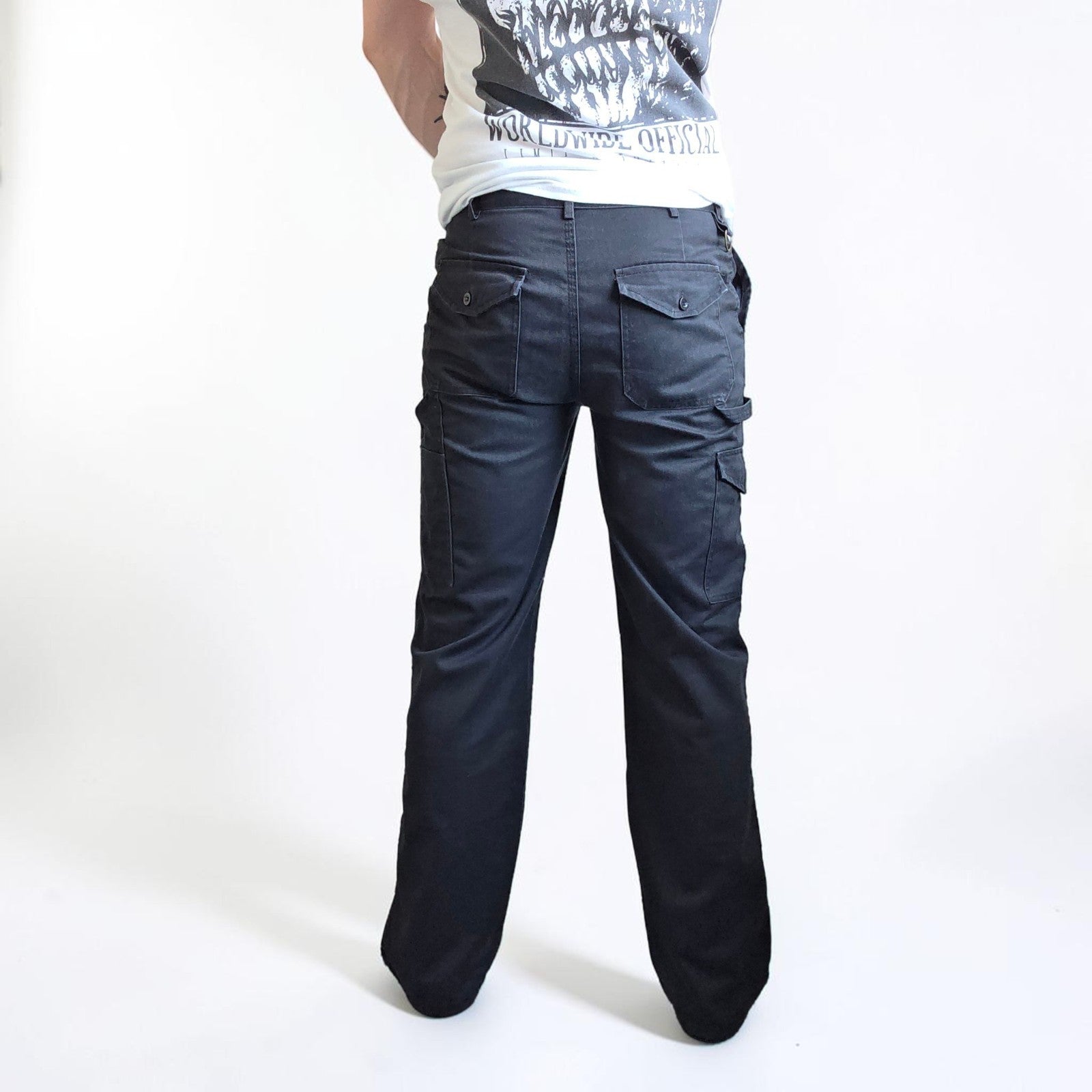 Dickies black cargo trousers with double knee panels and hammer loop detail.