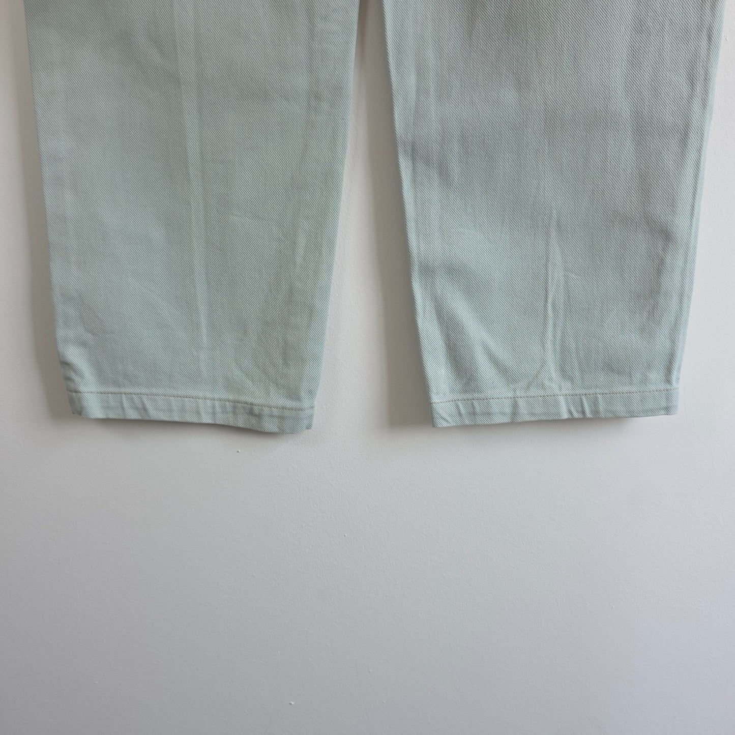 Gap pale mint green straight leg jeans with high rise and 100% cotton material.