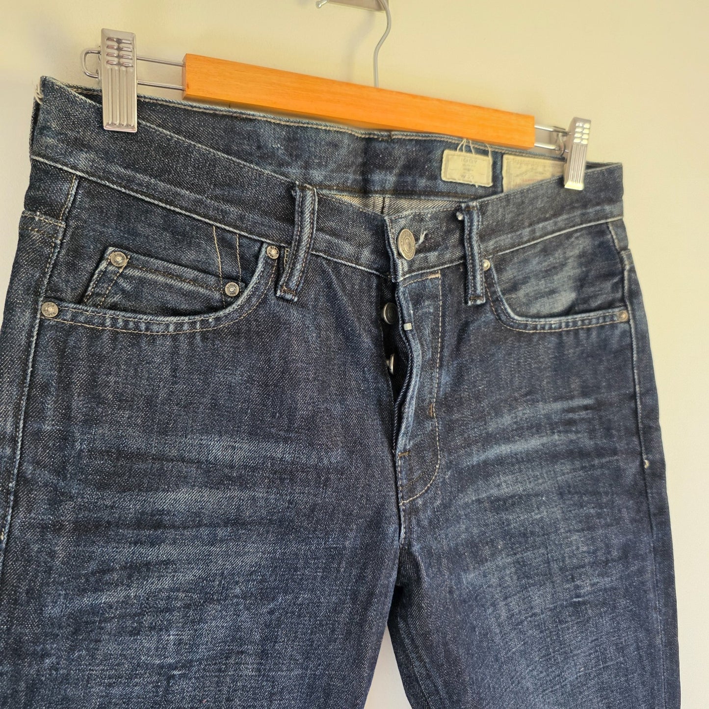 AllSaints blue straight jeans dark wash denim with subtle fading and slim fit.