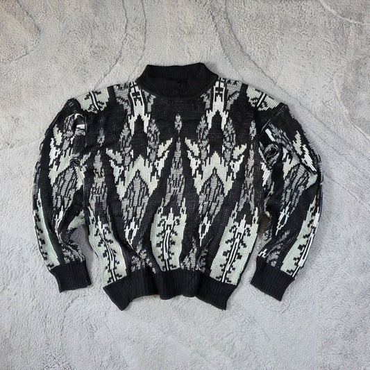 Vintage Abstract Pattern Knit Sweater Men’s Large Black White Retro Pullover