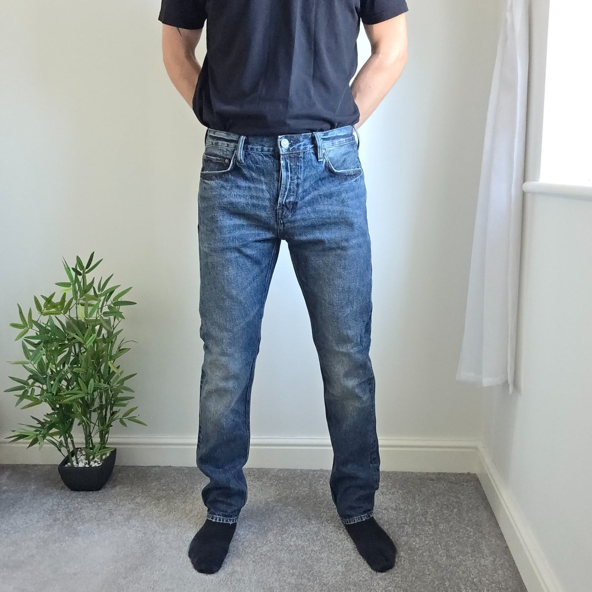 AllSaints blue straight jeans faded wash five-pocket styling 100% cotton