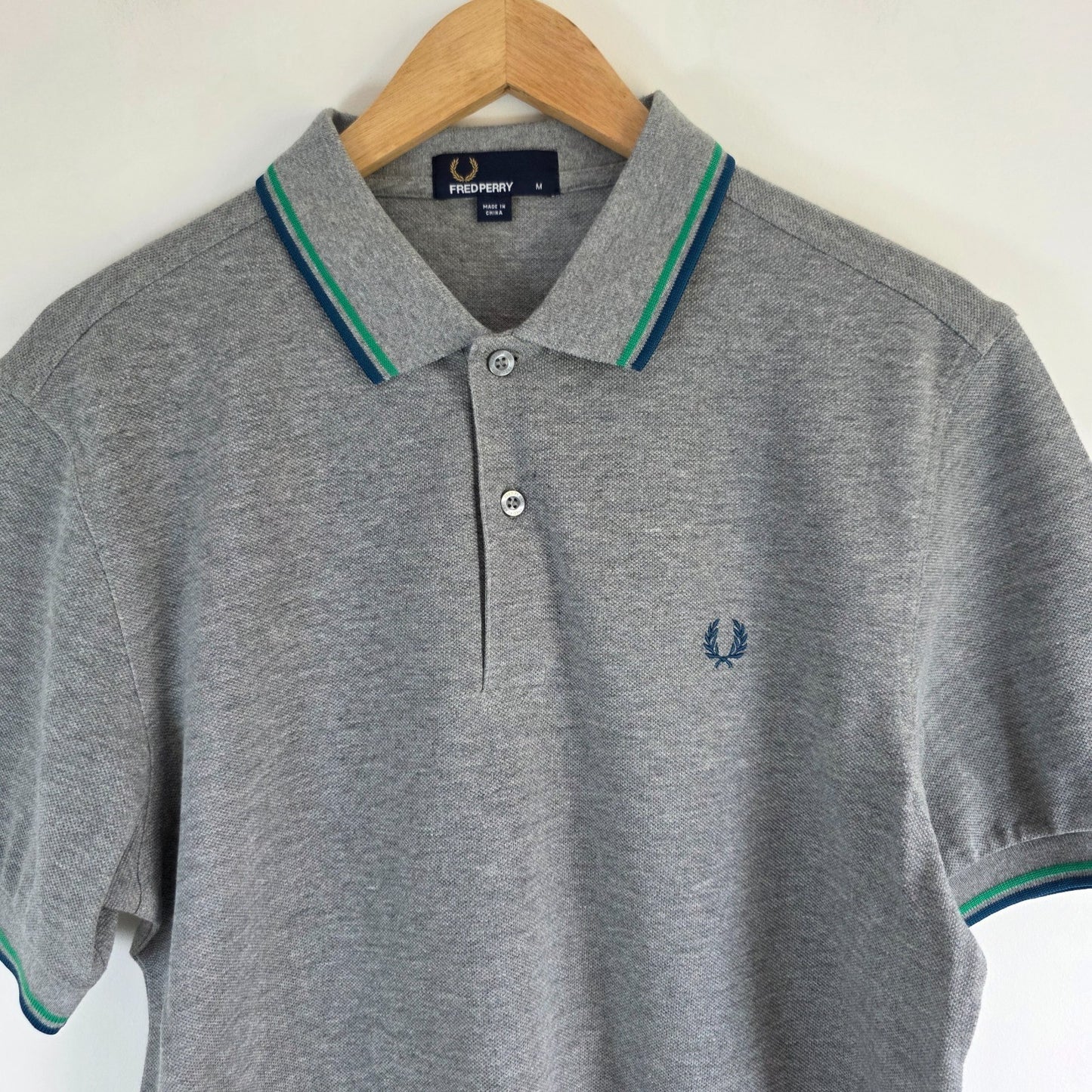 Fred Perry Twin Tipped Polo Shirt Grey Medium Cotton Mod Preppy Casual Logo Top