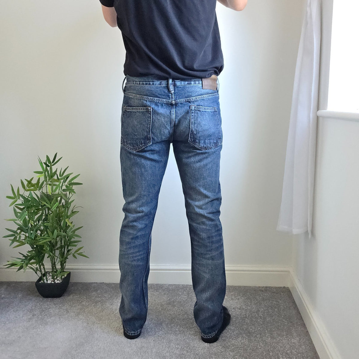 AllSaints blue straight jeans faded wash five-pocket styling 100% cotton