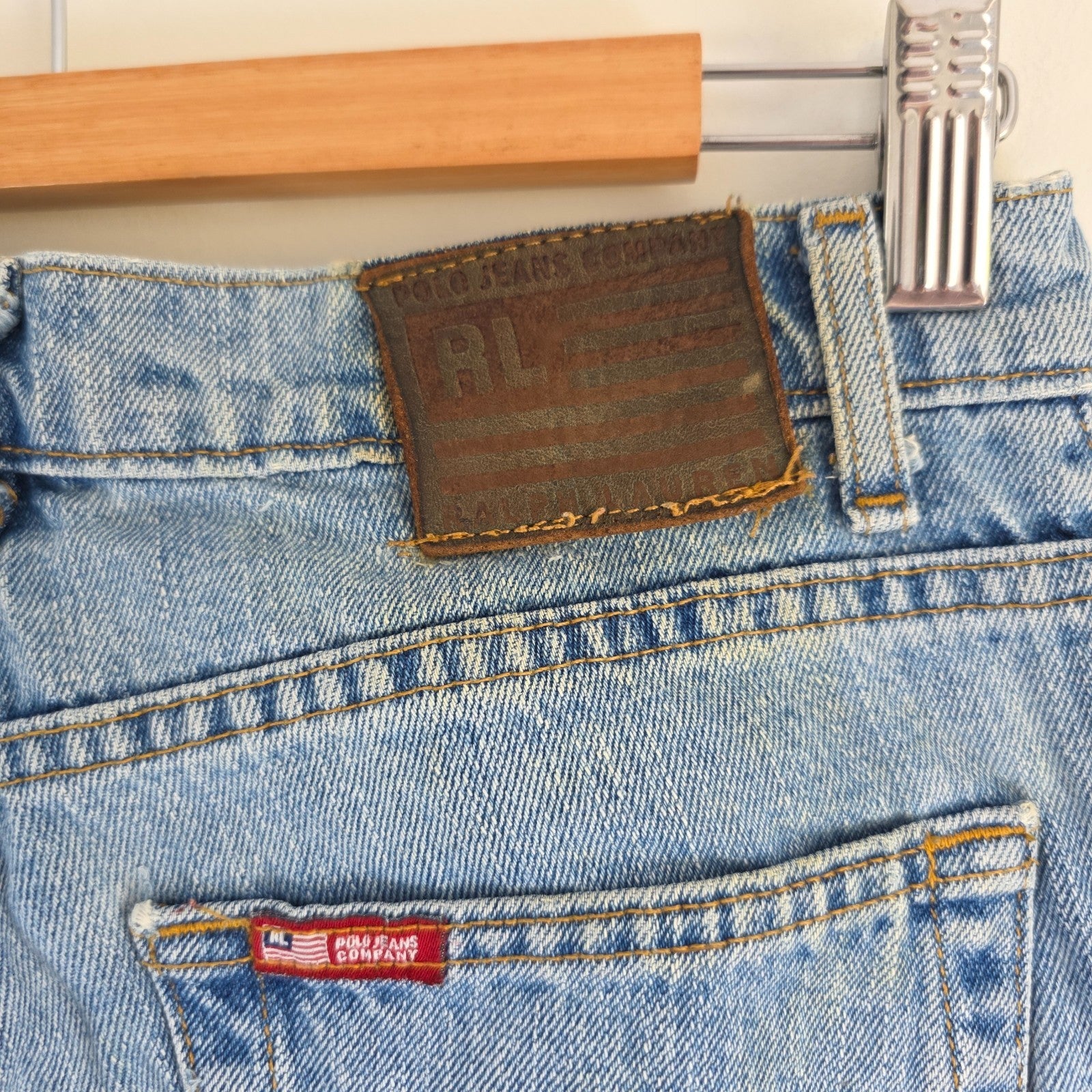 Ralph Lauren blue straight jeans 100% cotton with vintage Polo logo and light fading.