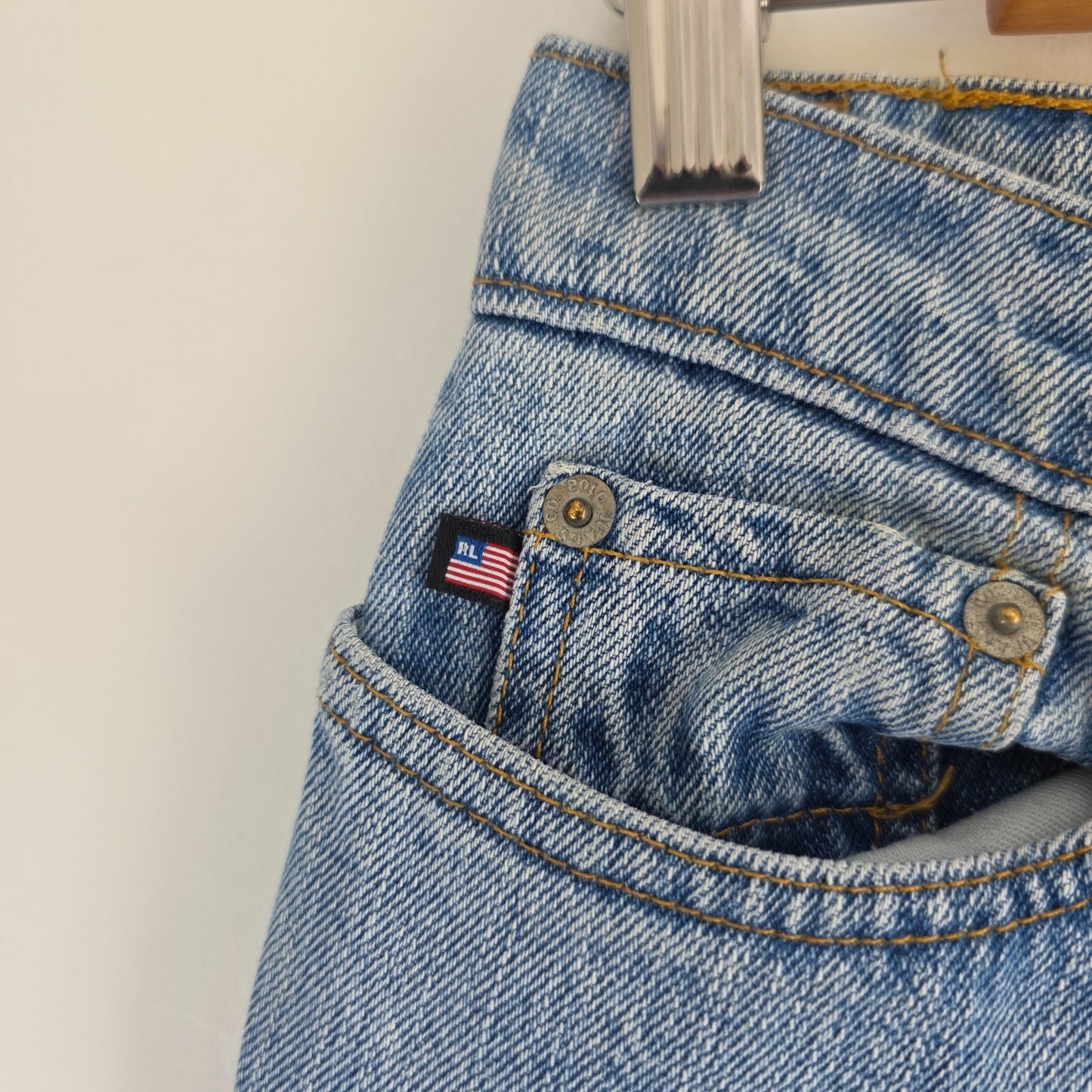 Ralph Lauren blue straight jeans 100% cotton with vintage Polo logo and light fading.