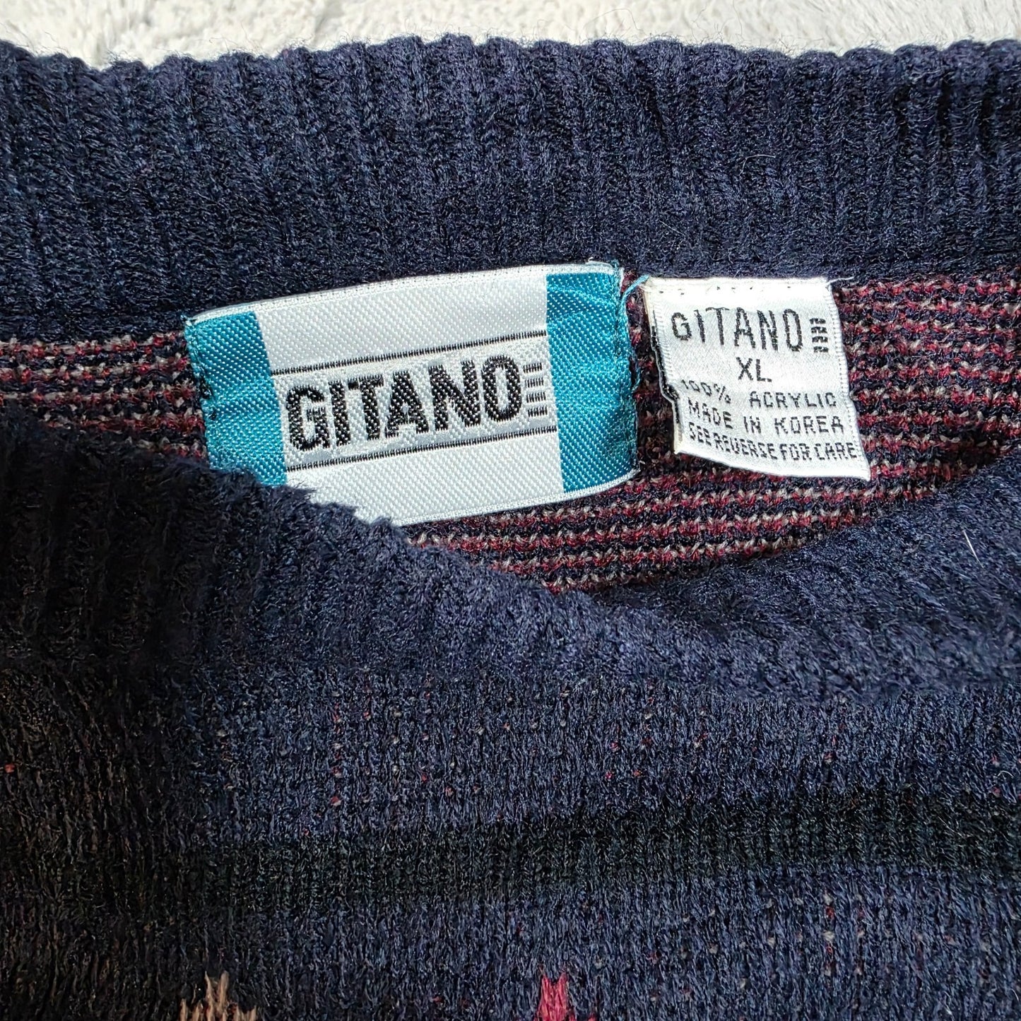 Vintage Gitano Men’s Patterned Knit Sweater XL Navy Retro 90s Pullover