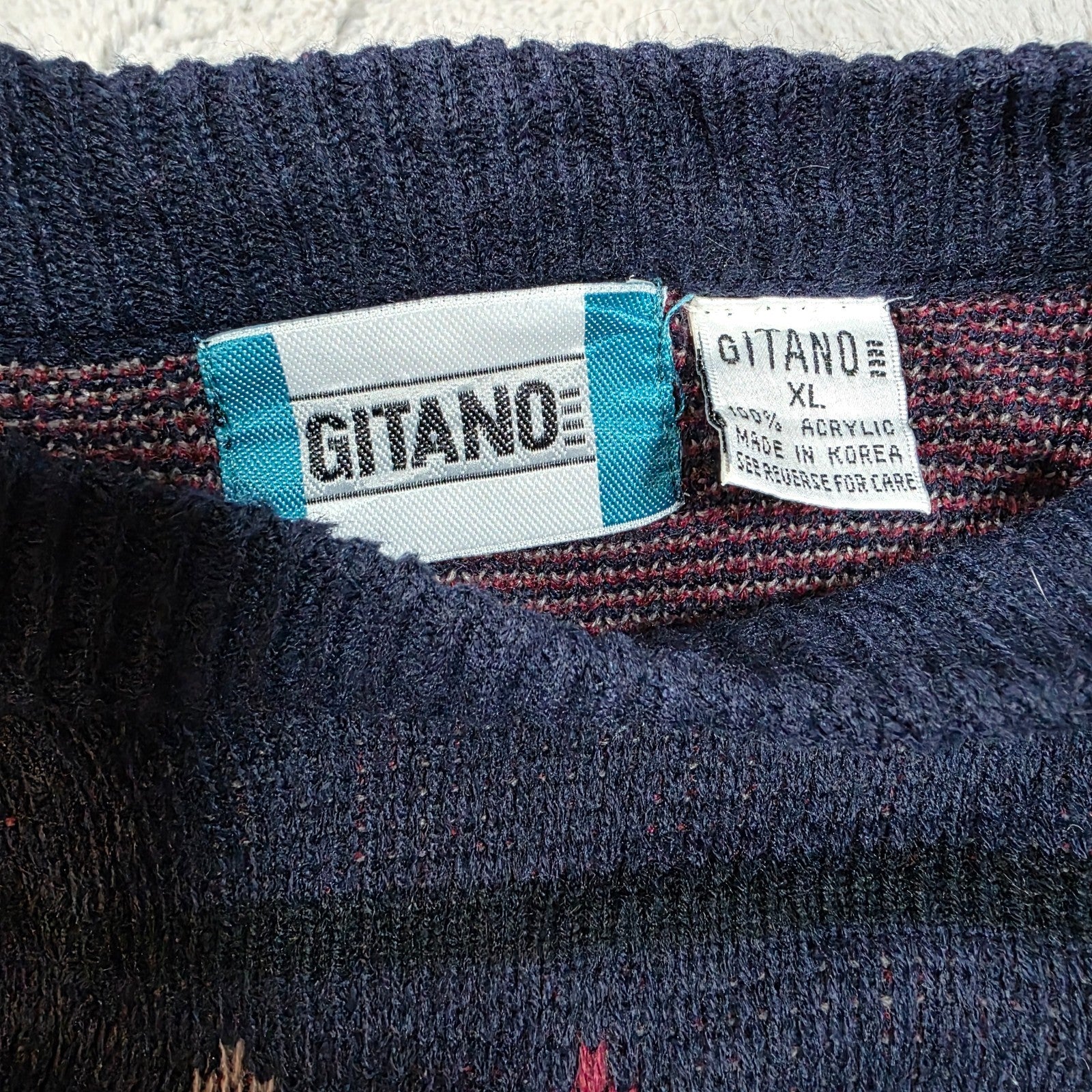 Vintage Gitano Men’s Patterned Knit Sweater XL Navy Retro 90s Pullover