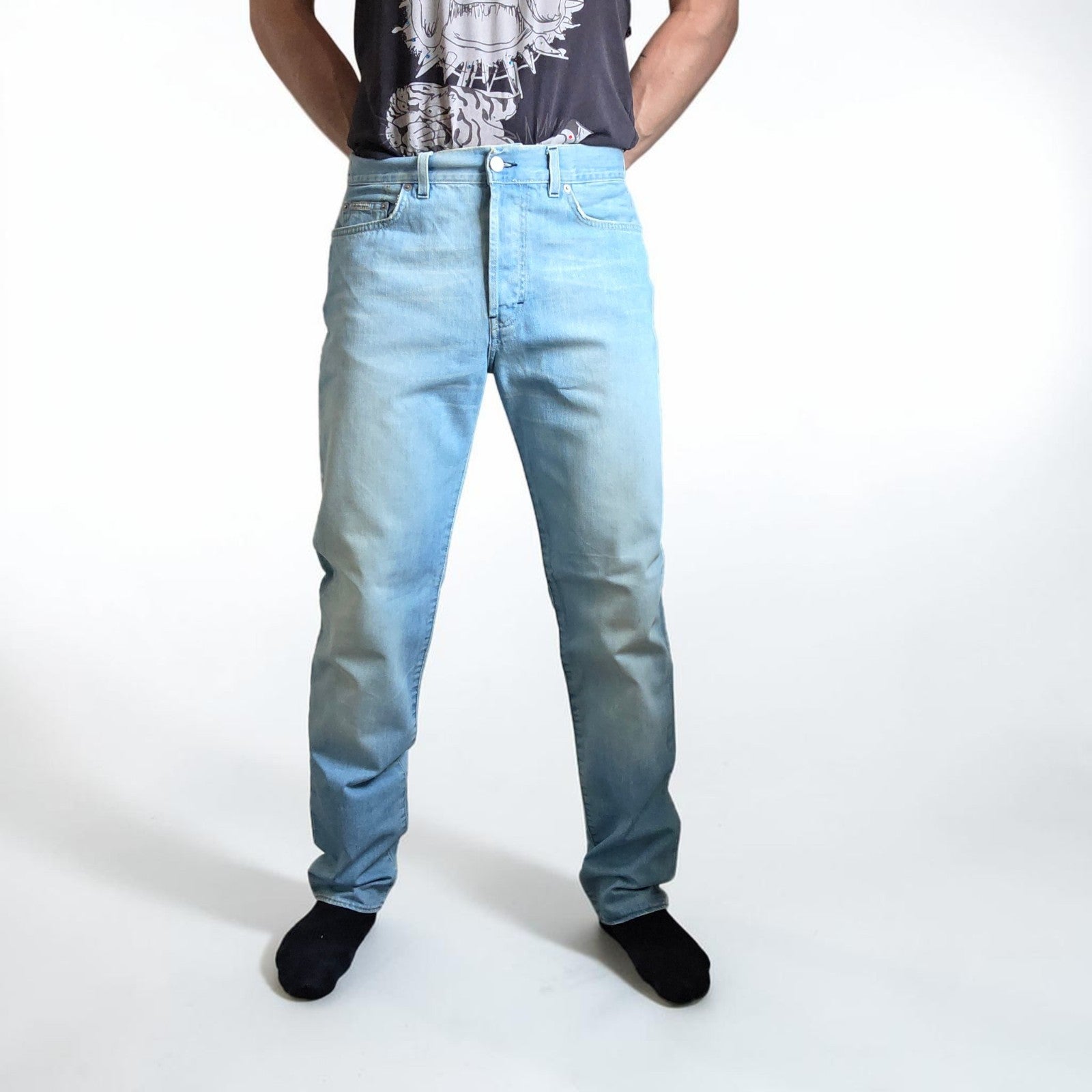 Calvin Klein light blue straight jeans, 100% cotton, classic five-pocket design.
