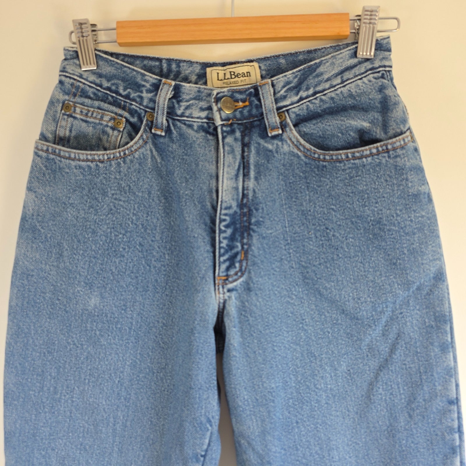 L.L.Bean blue straight jeans with fleece lining and relaxed high rise fit.