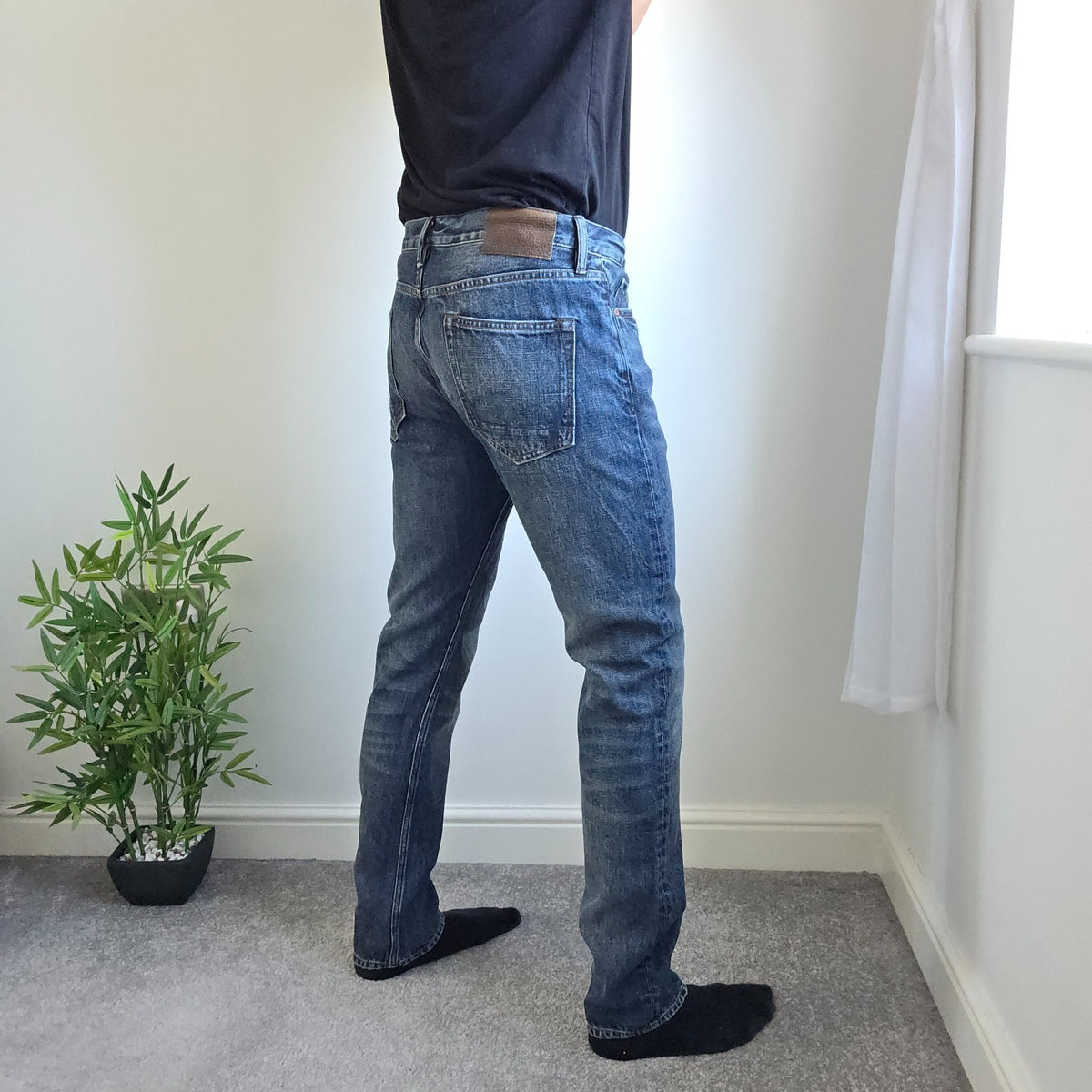 AllSaints blue straight jeans faded wash five-pocket styling 100% cotton