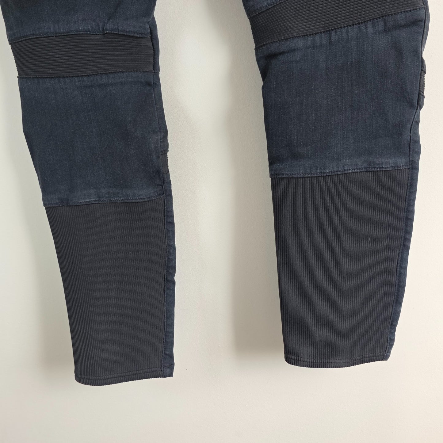 G-Star blue stretch denim slim jeans with biker detailing and logo patch.
