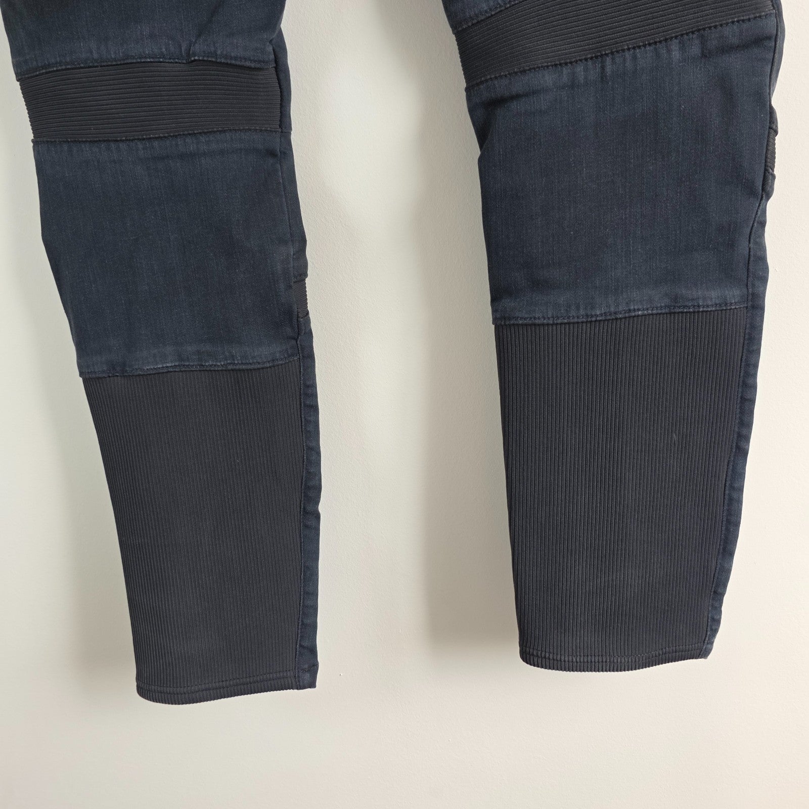 G-Star blue stretch denim slim jeans with biker detailing and logo patch.