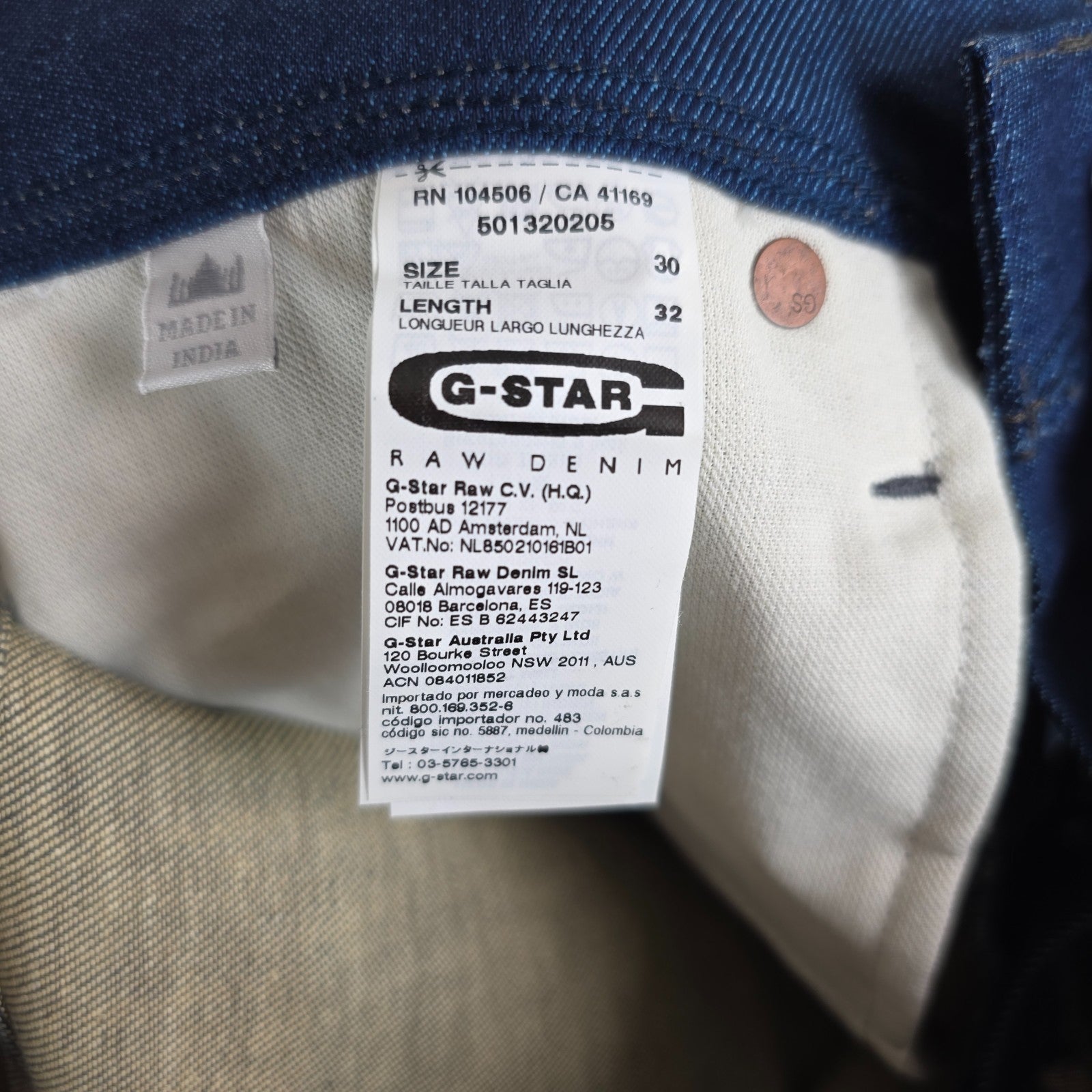 G-Star blue straight jeans with button fly and BNWT tag, cotton elastane blend.