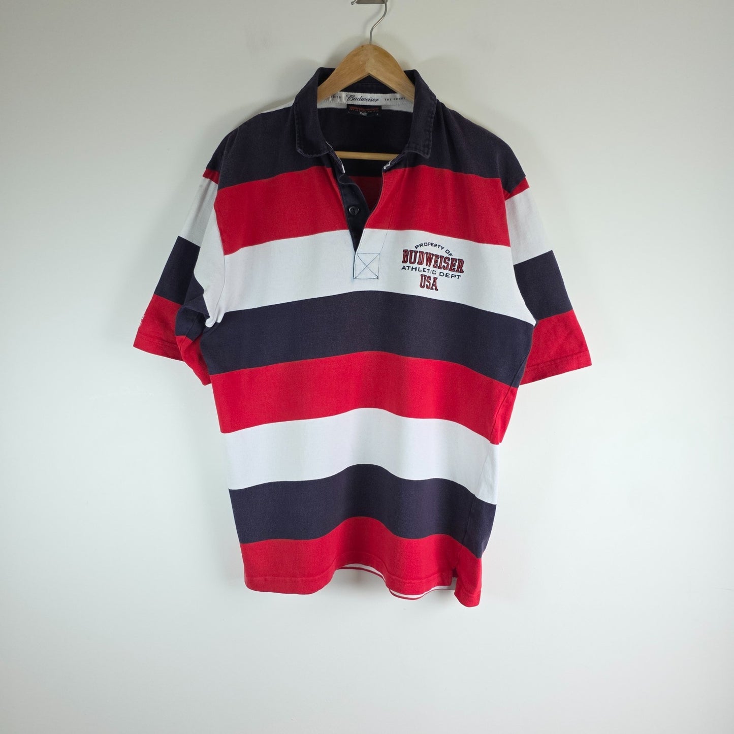 Budweiser blue striped rugby shirt with logo, 100% cotton, vintage style.