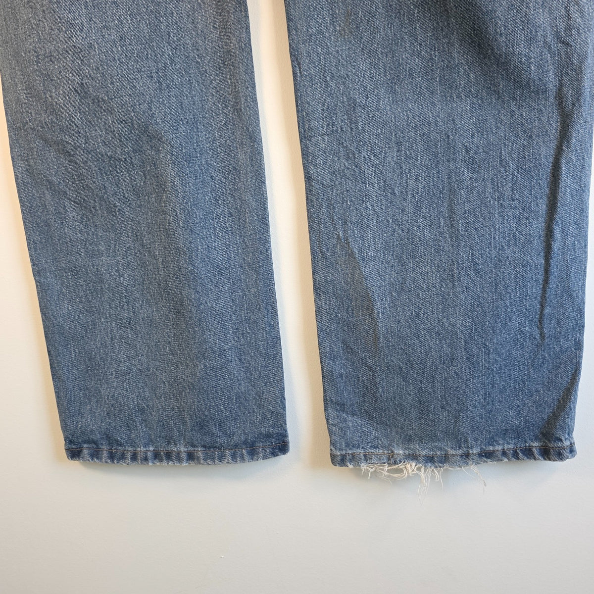 Faded Glory blue carpenter jeans with hammer loop and utility pockets, 100% cotton.