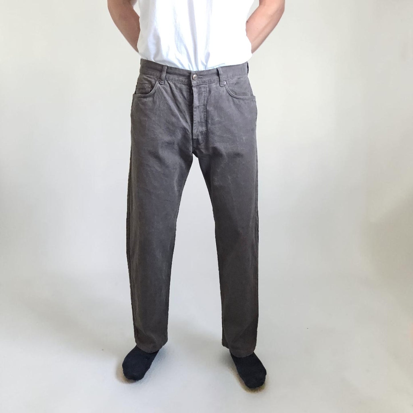 Marlboro Classics grey straight jeans with button fly and vintage logo detail.