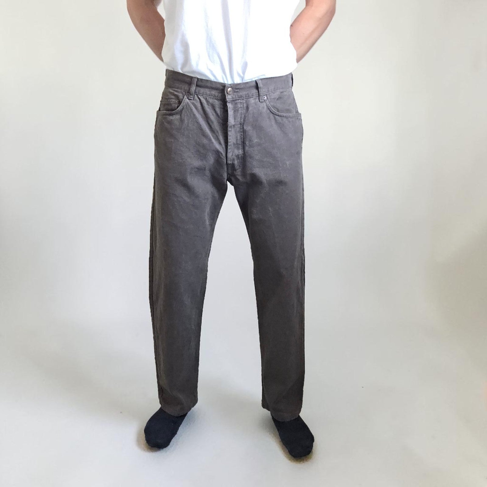 Marlboro Classics grey straight jeans with button fly and vintage logo detail.