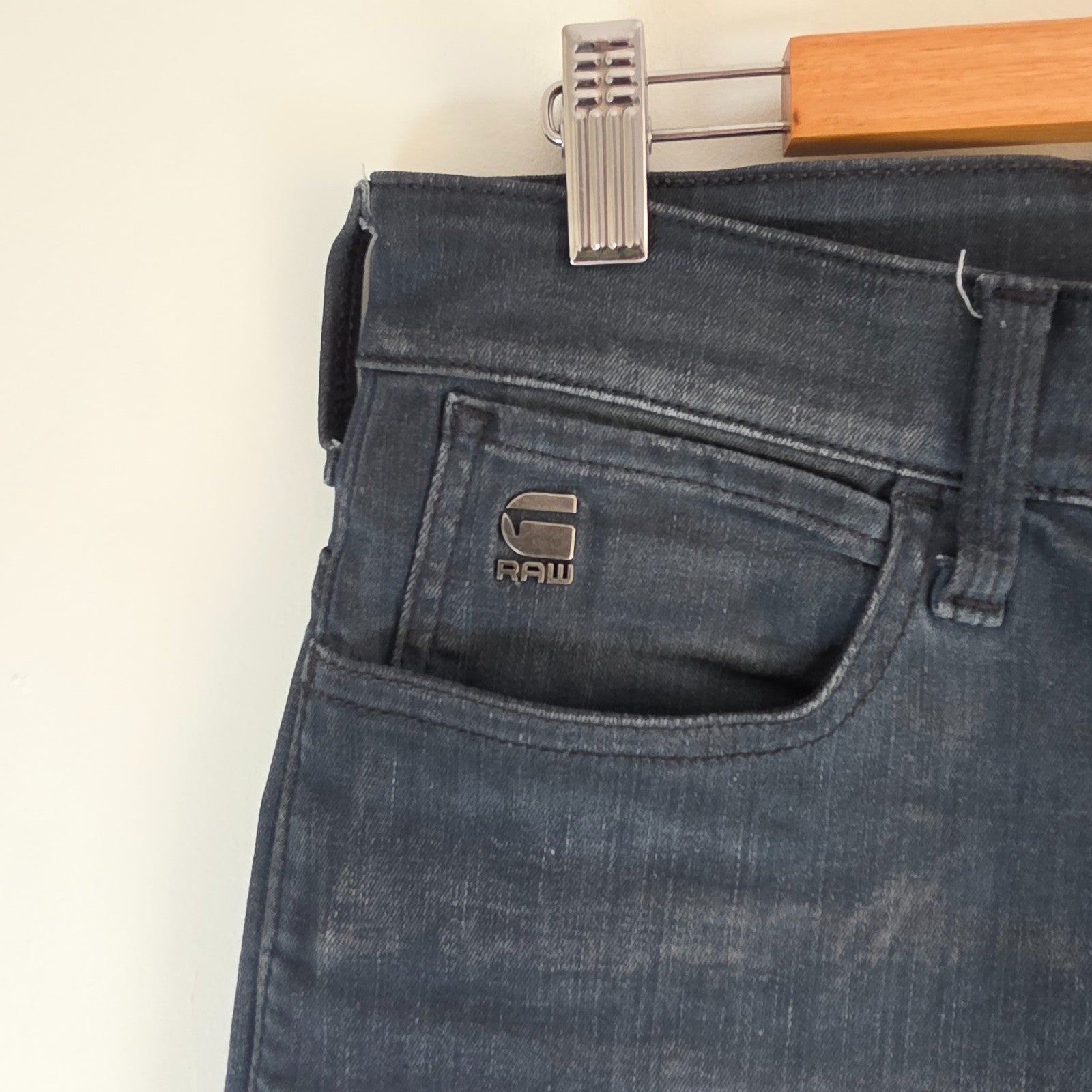 G-Star blue stretch denim slim jeans with biker detailing and logo patch.