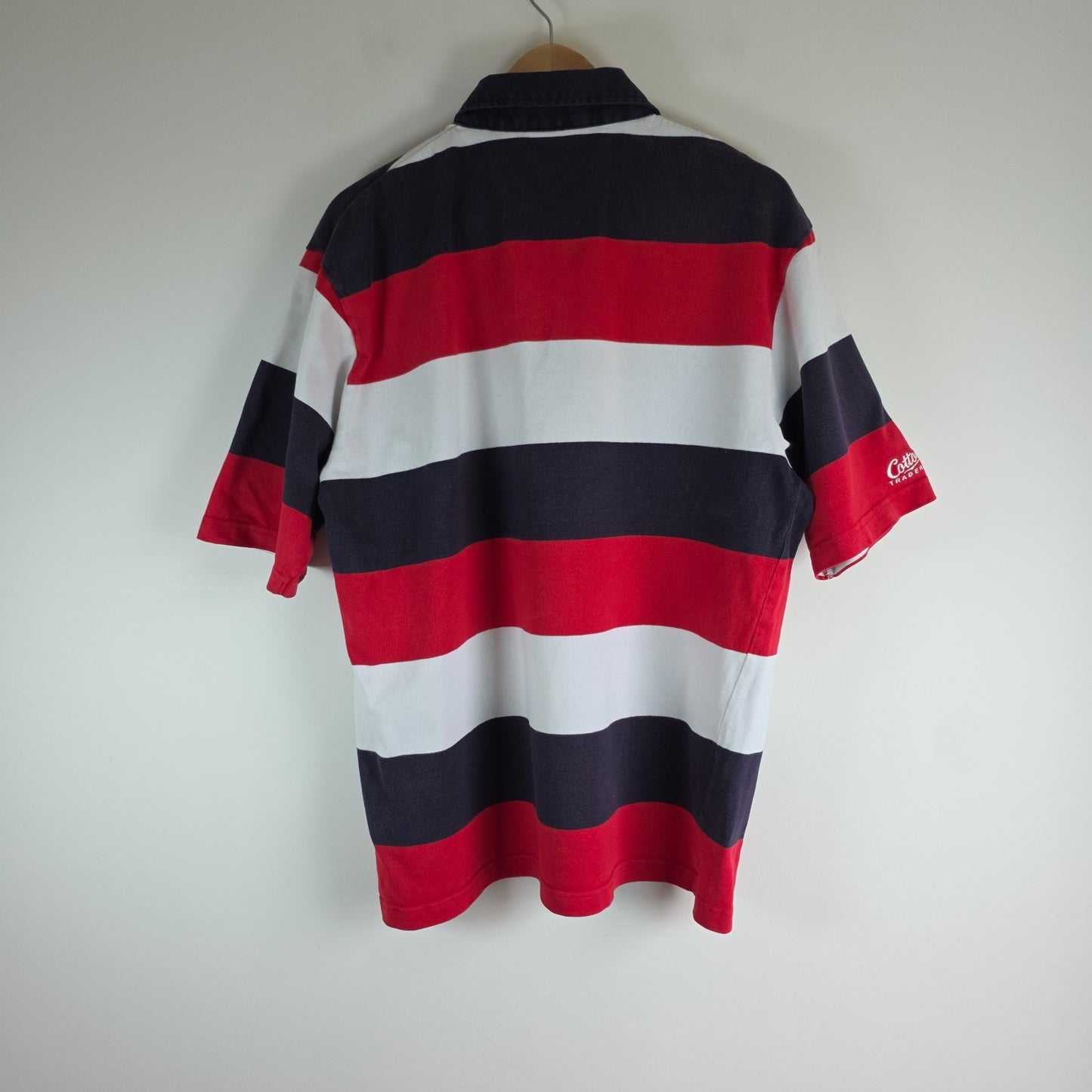Budweiser blue striped rugby shirt with logo, 100% cotton, vintage style.