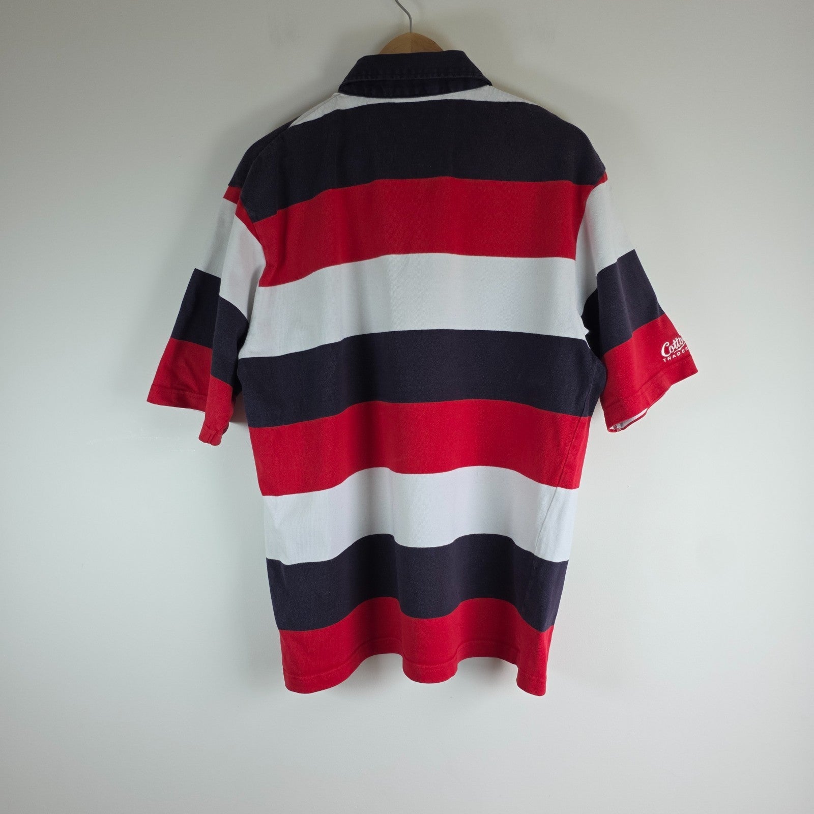 Budweiser blue striped rugby shirt with logo, 100% cotton, vintage style.