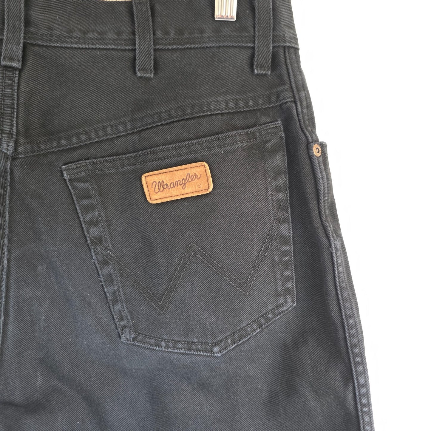 Wrangler black denim shorts W33 with frayed hems and copper-toned button.