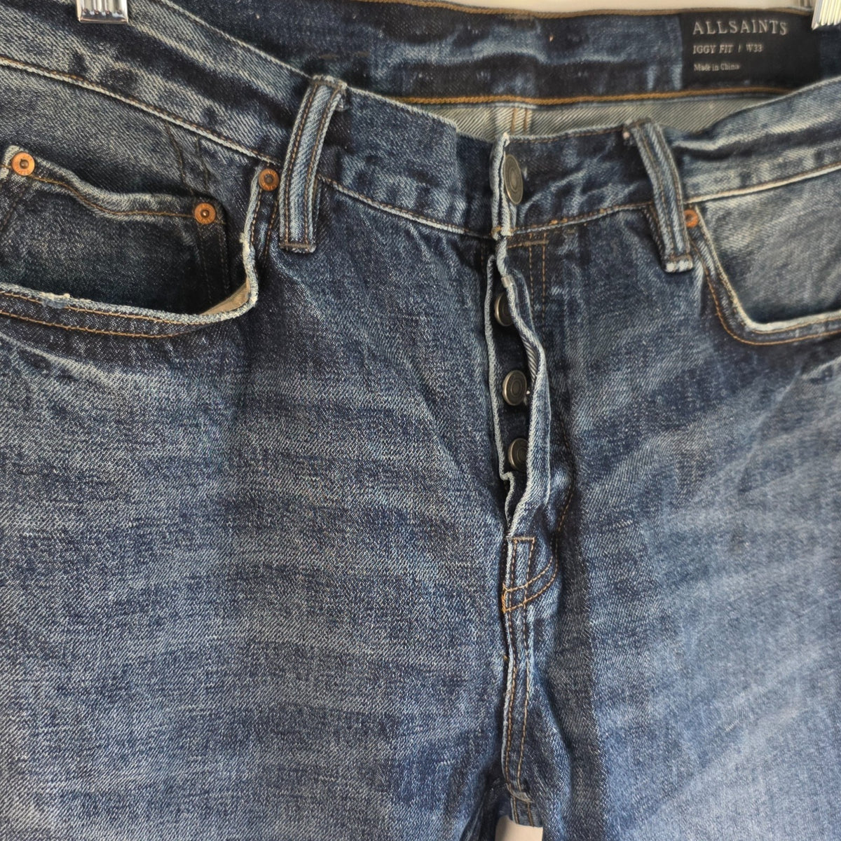 AllSaints blue straight jeans faded wash five-pocket styling 100% cotton