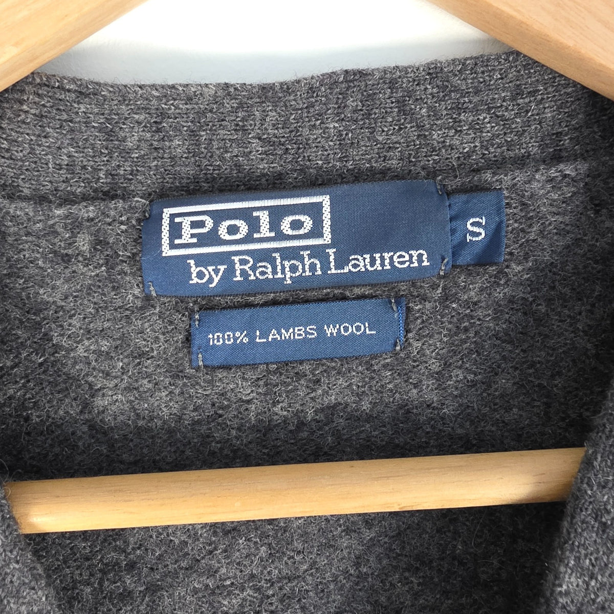 Polo Ralph Lauren grey cardigan 100% lambswool V-neck with purple embroidered pony logo.