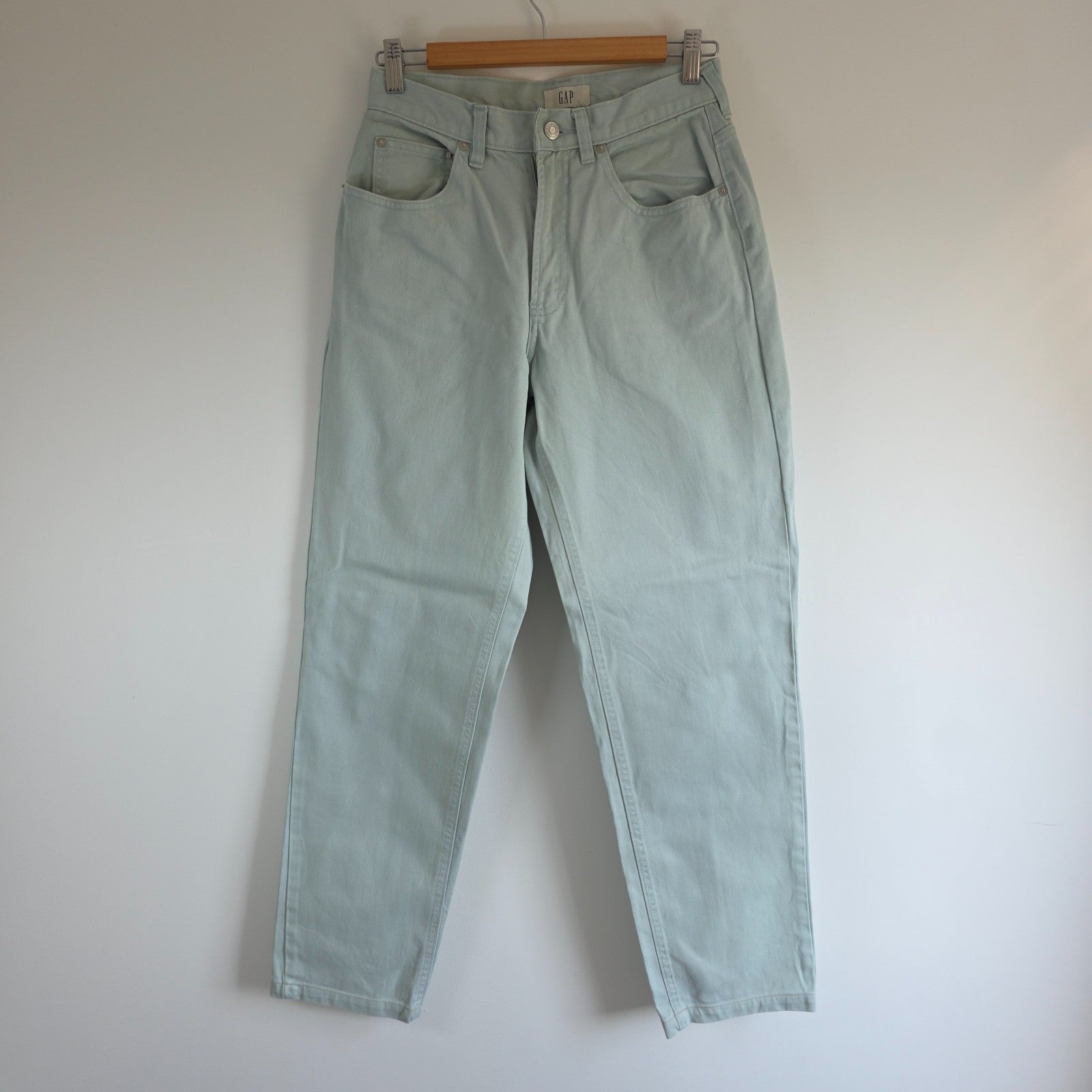 Gap pale mint green straight leg jeans with high rise and 100% cotton material.
